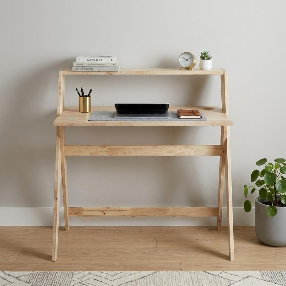 37" Natural Solid Wood Writing Desk With Shelf