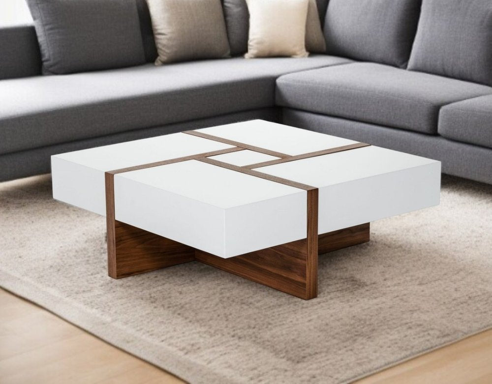 39" Brown and White Wood Square Solid Coffee Table With Four Drawers