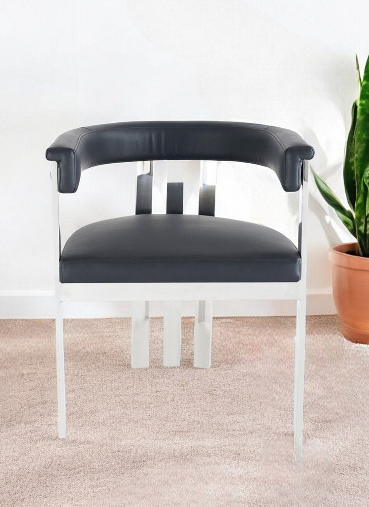 Black and Silver Upholstered Faux Leather Slat Back Dining Arm Chair