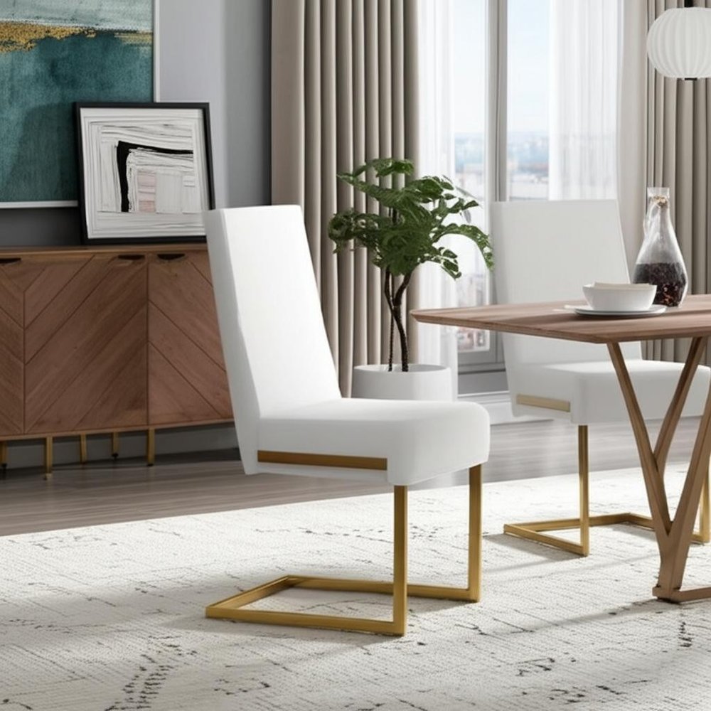 Set of Two White and Gold Upholstered Faux Leather Dining Side Chairs
