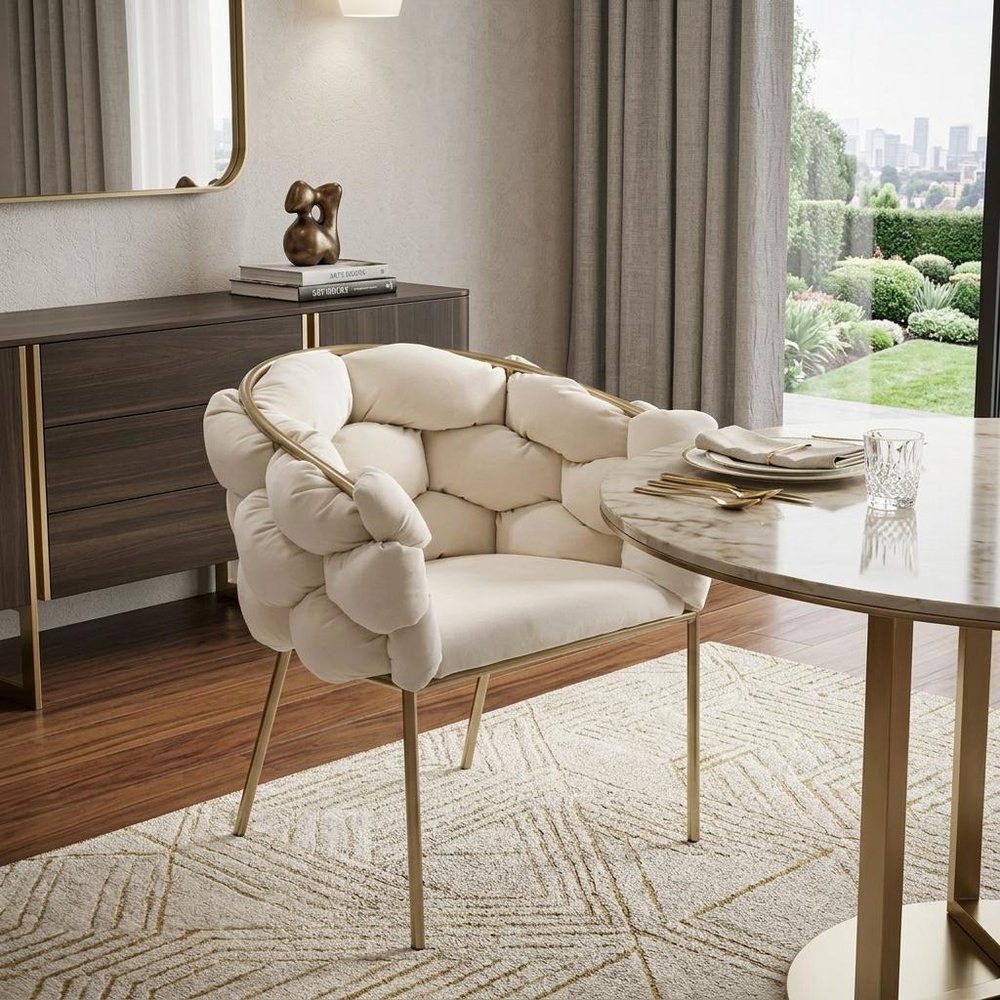 White and Brass Upholstered Fabric Dining Arm Chair