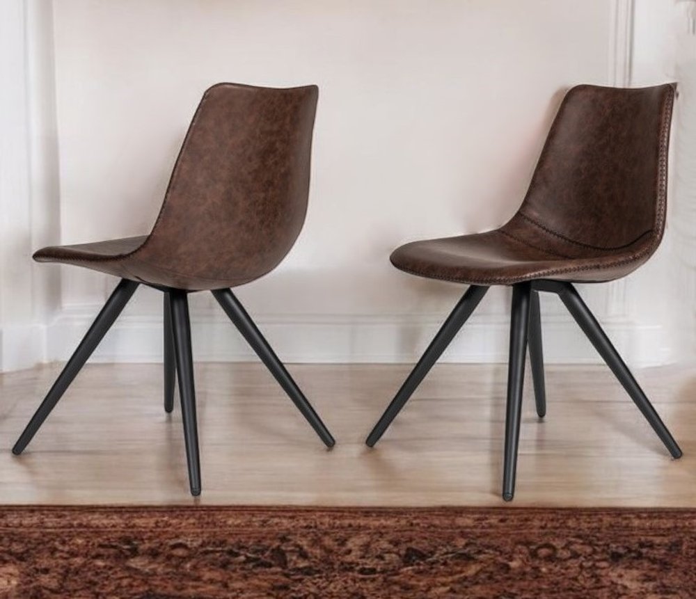 Set of Two Brown and Black Upholstered Faux Leather Dining Side Chairs