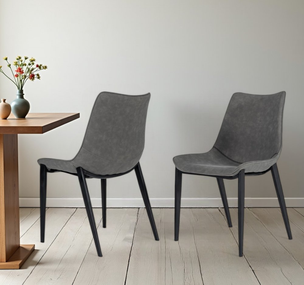 Set of Two Gray and Black Upholstered Faux Leather Dining Side Chairs