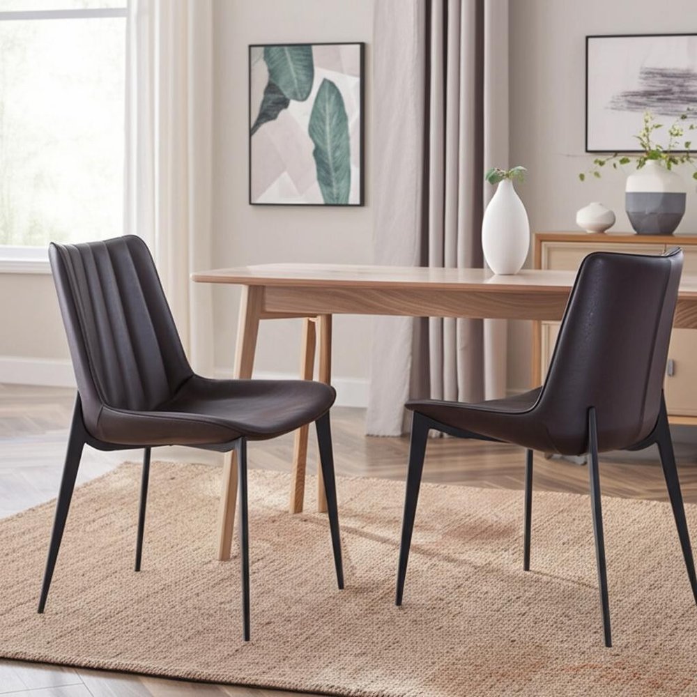 Set of Two Brown and Black Upholstered Faux Leather Dining Side Chairs