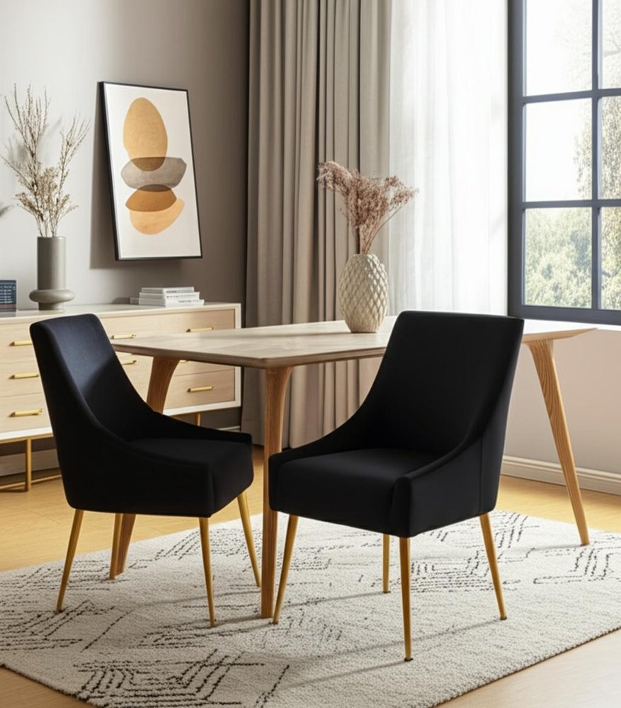 Set of Two Black and Gold Upholstered Velvet Wing Back Dining Arm Chairs