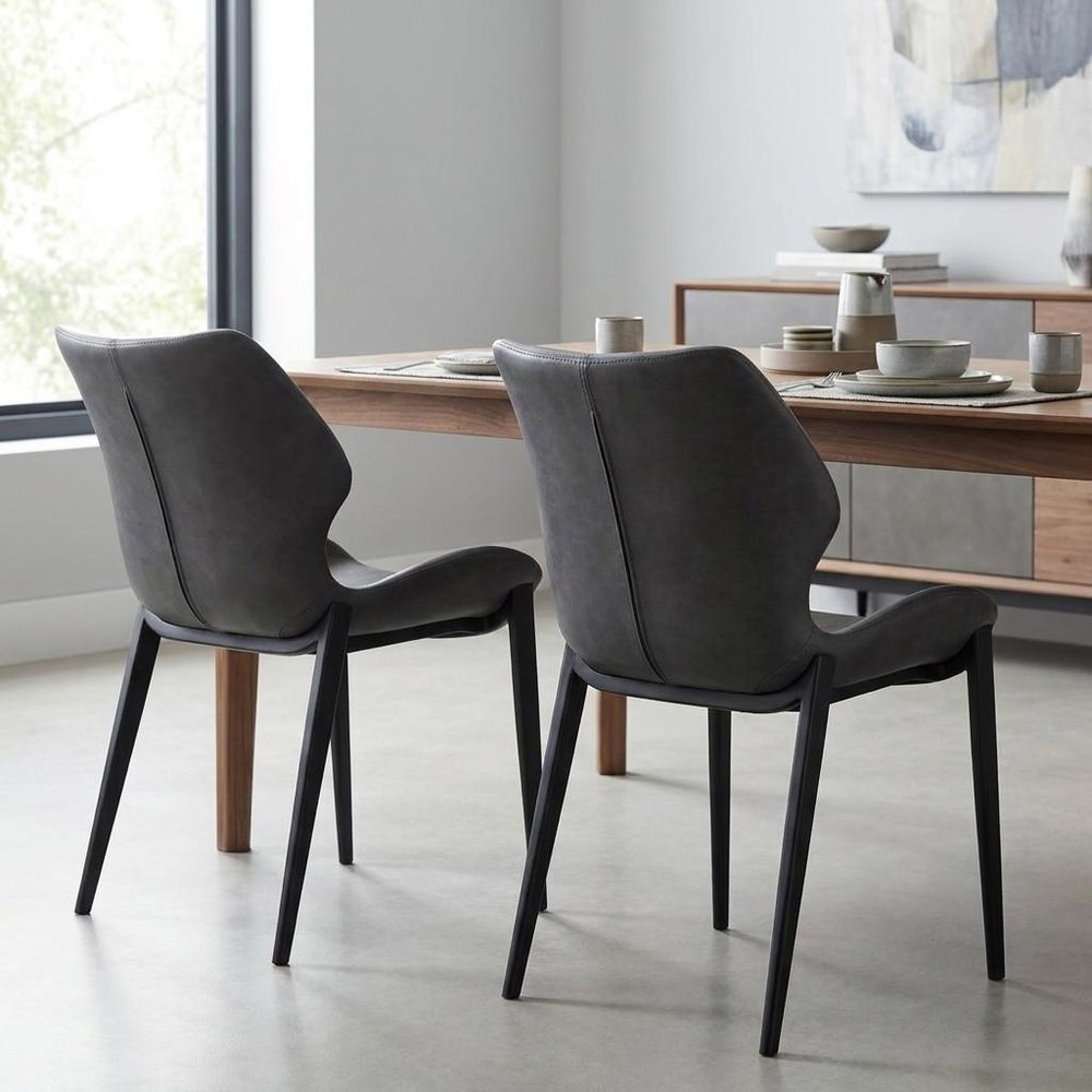 Set of Two Gray and Black Upholstered Faux Leather Wing Back Dining Side Chairs