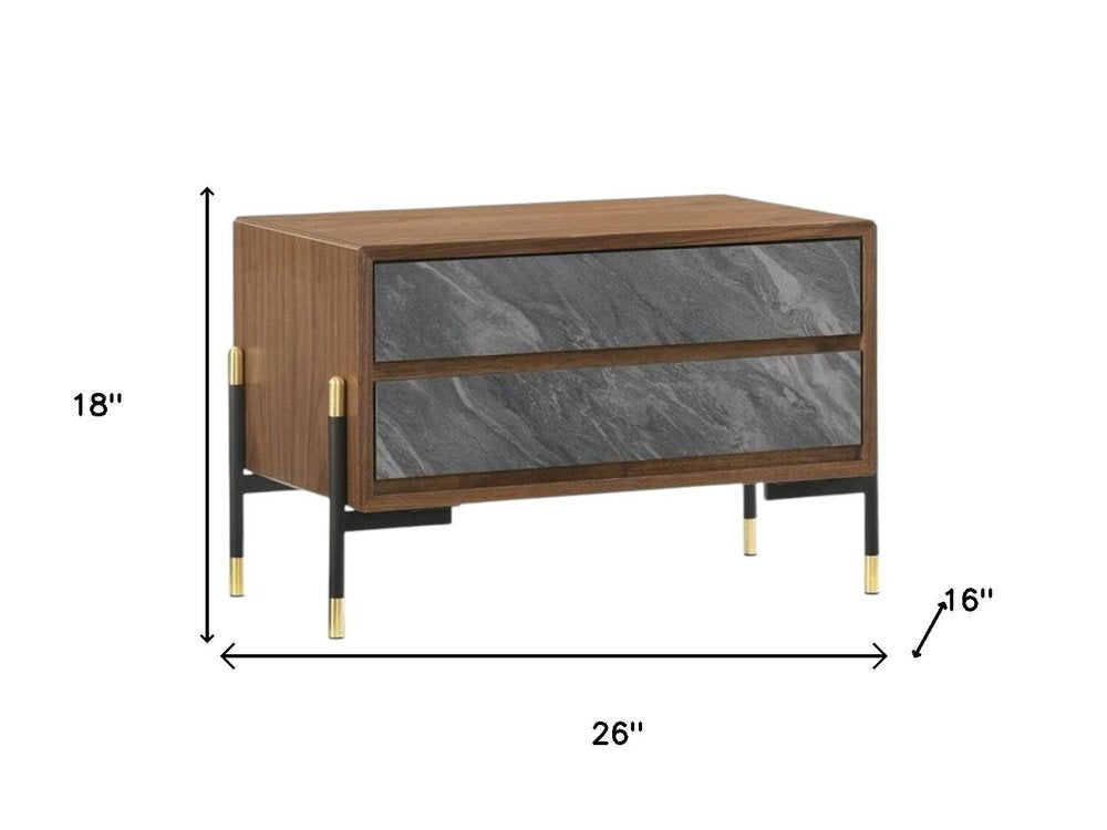 Mid Century Walnut and Gray Faux Marble Two Drawer Nightstand