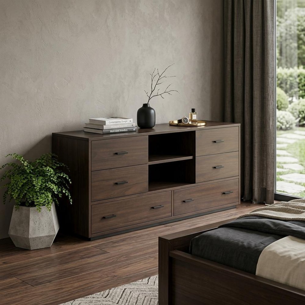 63" Dark Brown Wood Six Drawer Double Dresser