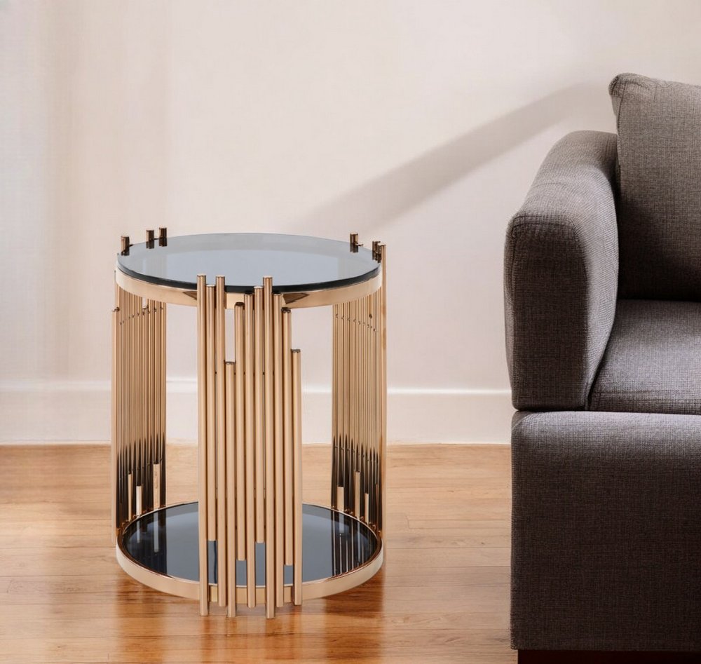 20" Rosegold And Black Glass And Stainless Steel Round End Table With Shelf