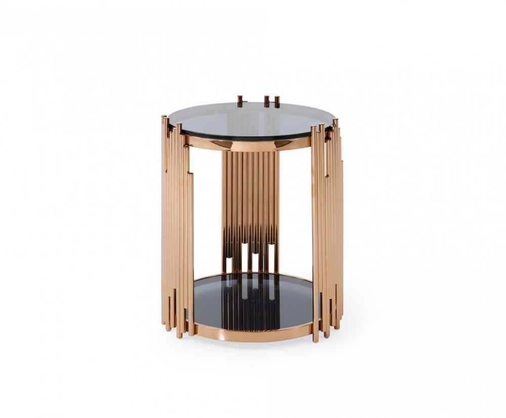 20" Rosegold And Black Glass And Stainless Steel Round End Table With Shelf