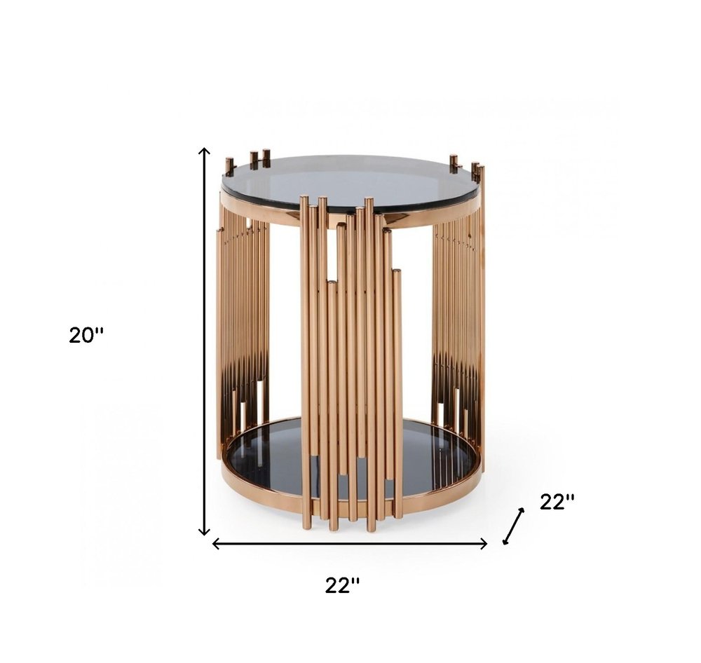 20" Rosegold And Black Glass And Stainless Steel Round End Table With Shelf