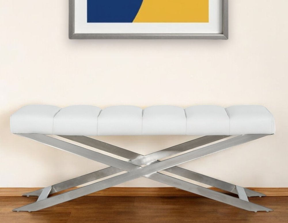 47" White and Silver Tufted Faux Leather Upholstered Dining Bench