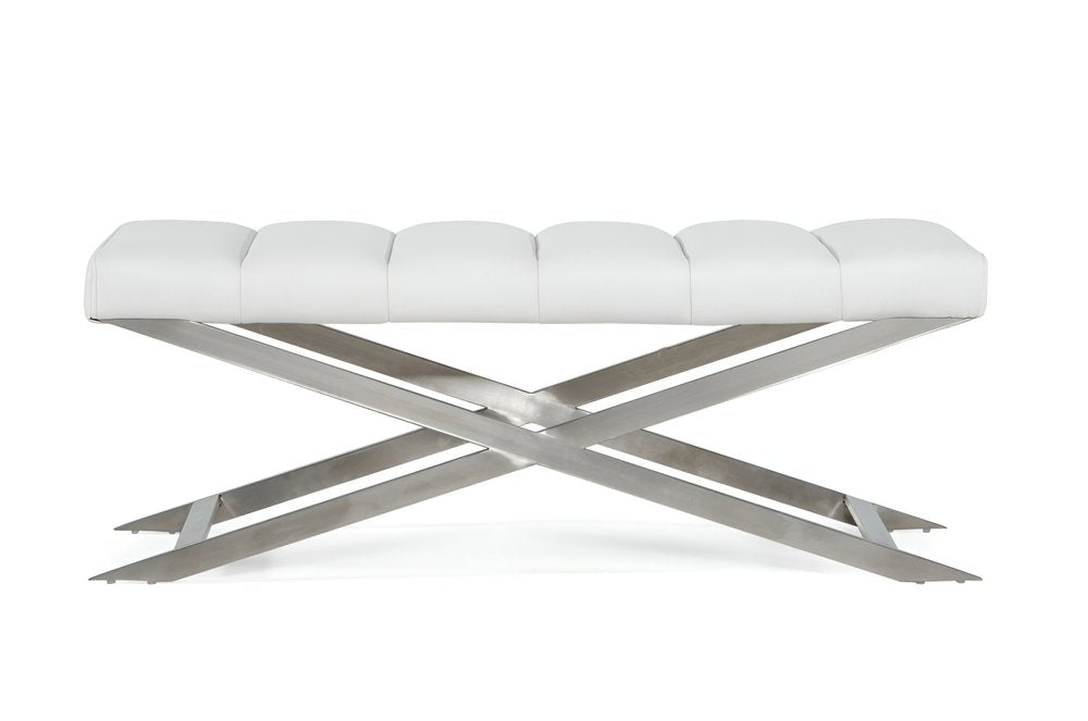 47" White and Silver Tufted Faux Leather Upholstered Dining Bench