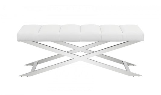 47" White and Silver Tufted Faux Leather Upholstered Dining Bench