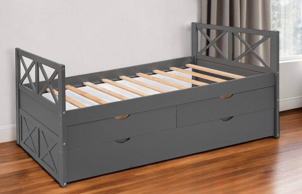 Gray Cross Back Wood Twin With Two Drawers Bed Frame with Trundle