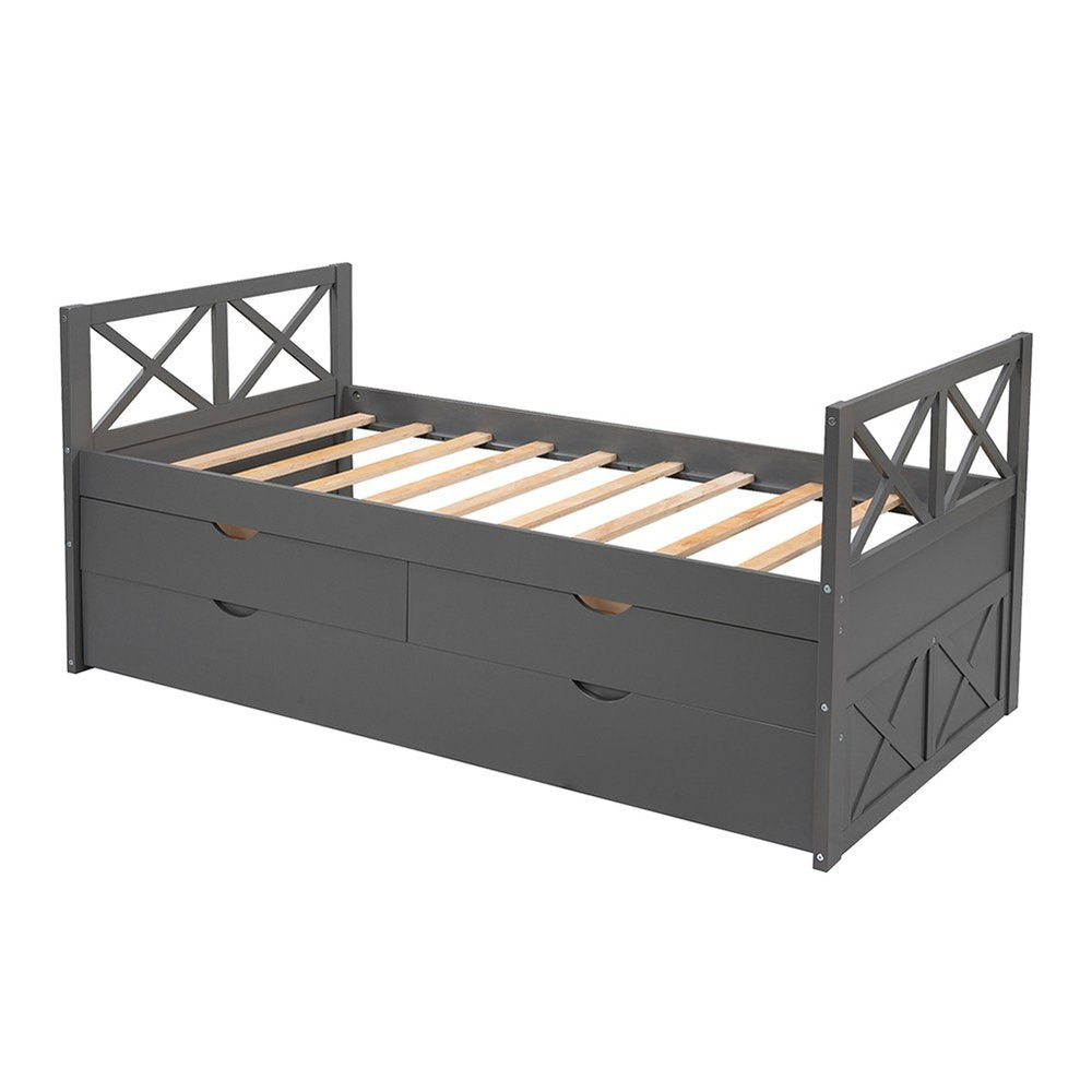Gray Cross Back Wood Twin With Two Drawers Bed Frame with Trundle