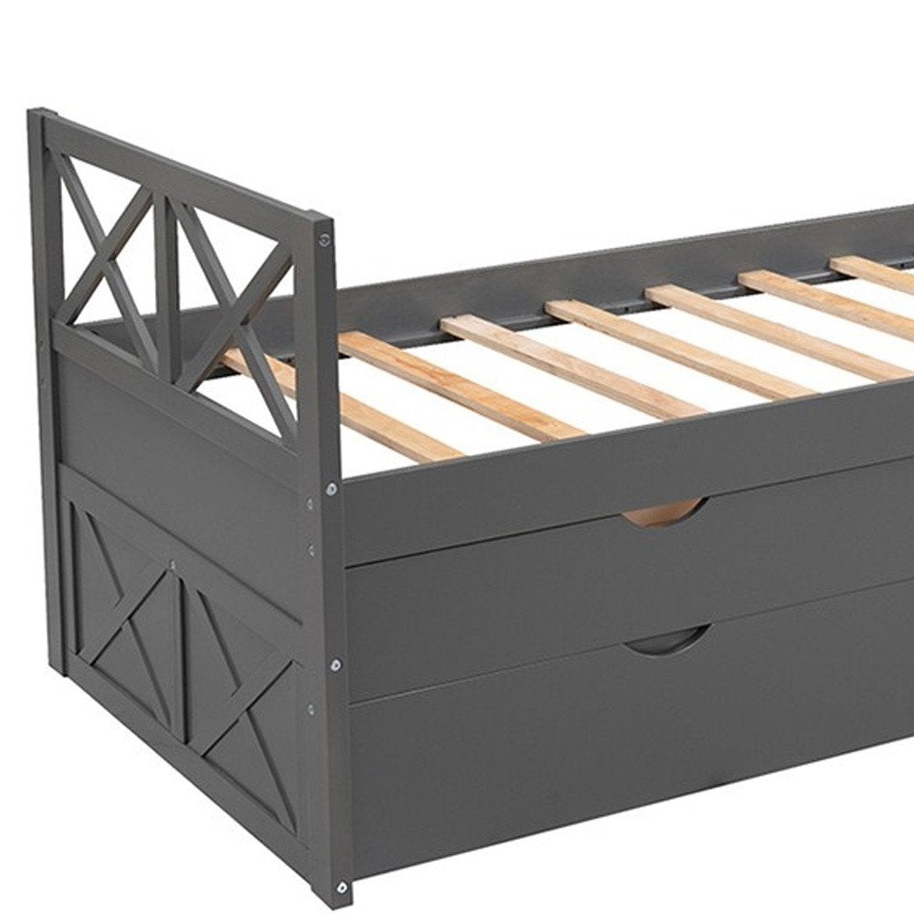 Gray Cross Back Wood Twin With Two Drawers Bed Frame with Trundle