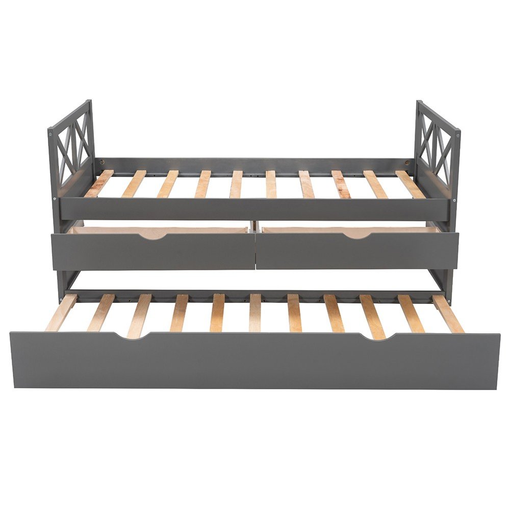 Gray Cross Back Wood Twin With Two Drawers Bed Frame with Trundle