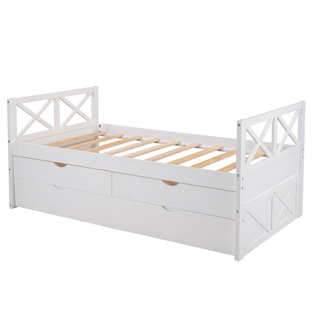 White Cross Back Wood Twin With Two Drawers Bed Frame with Trundle