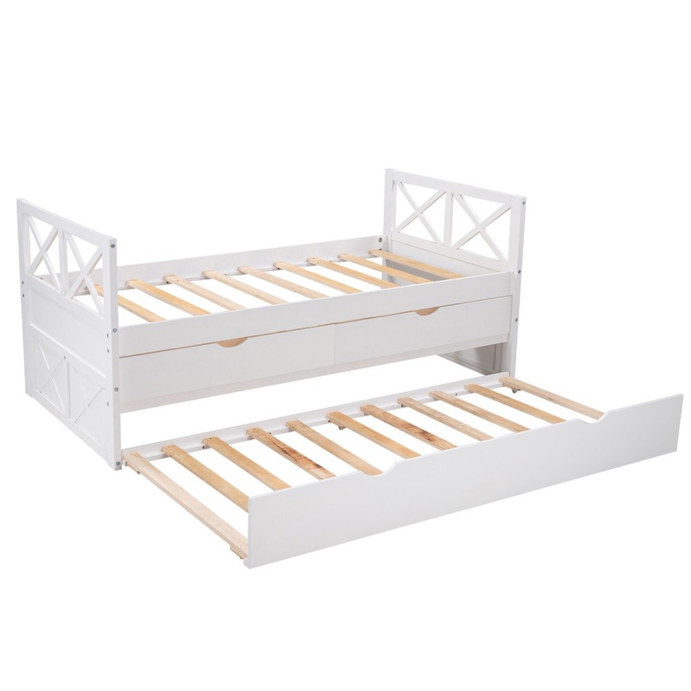 White Cross Back Wood Twin With Two Drawers Bed Frame with Trundle