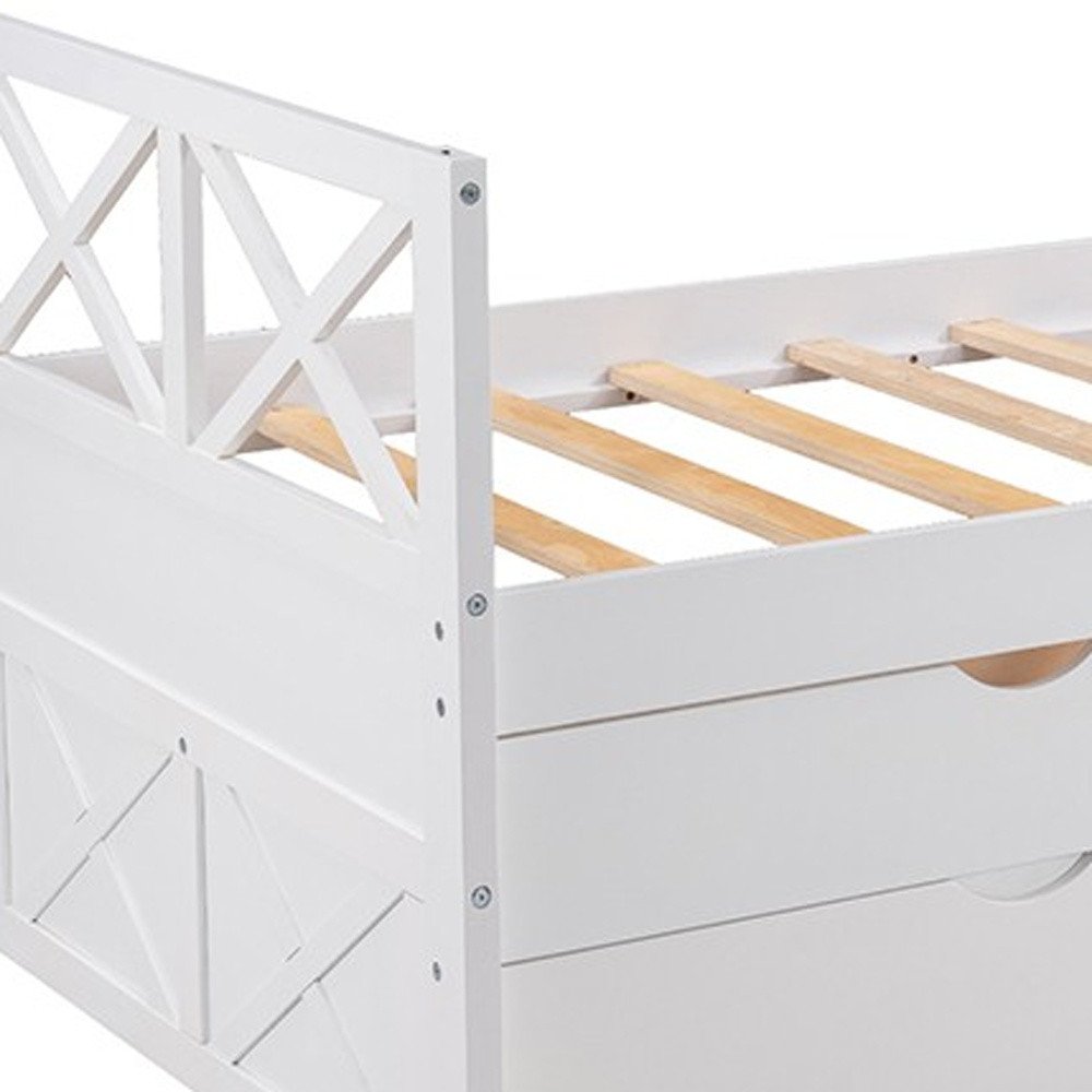 White Cross Back Wood Twin With Two Drawers Bed Frame with Trundle