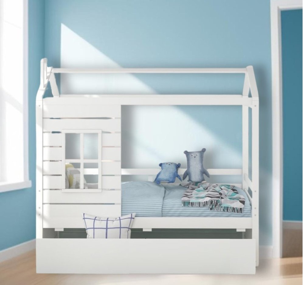White Wood Twin Bed Frame with Trundle