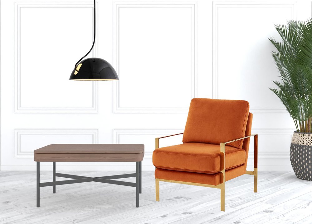 28" Orange And Gold Velvet Arm Chair