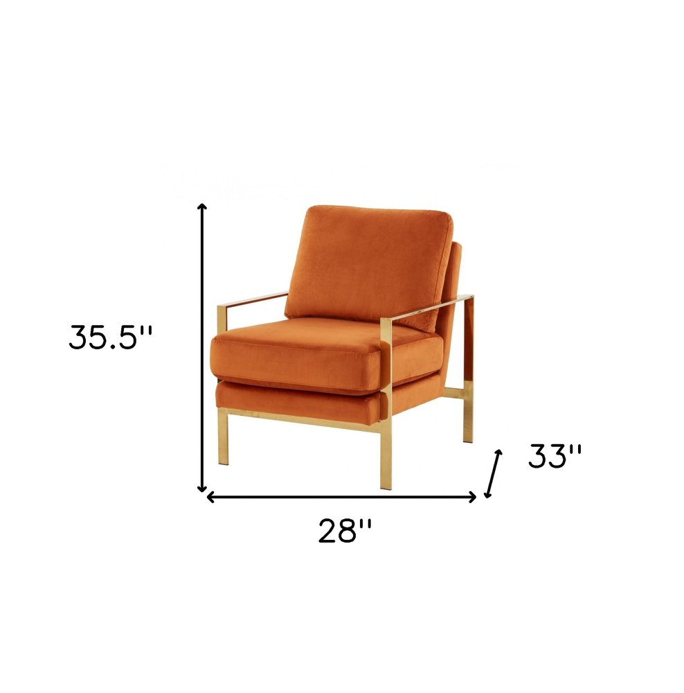 28" Orange And Gold Velvet Arm Chair