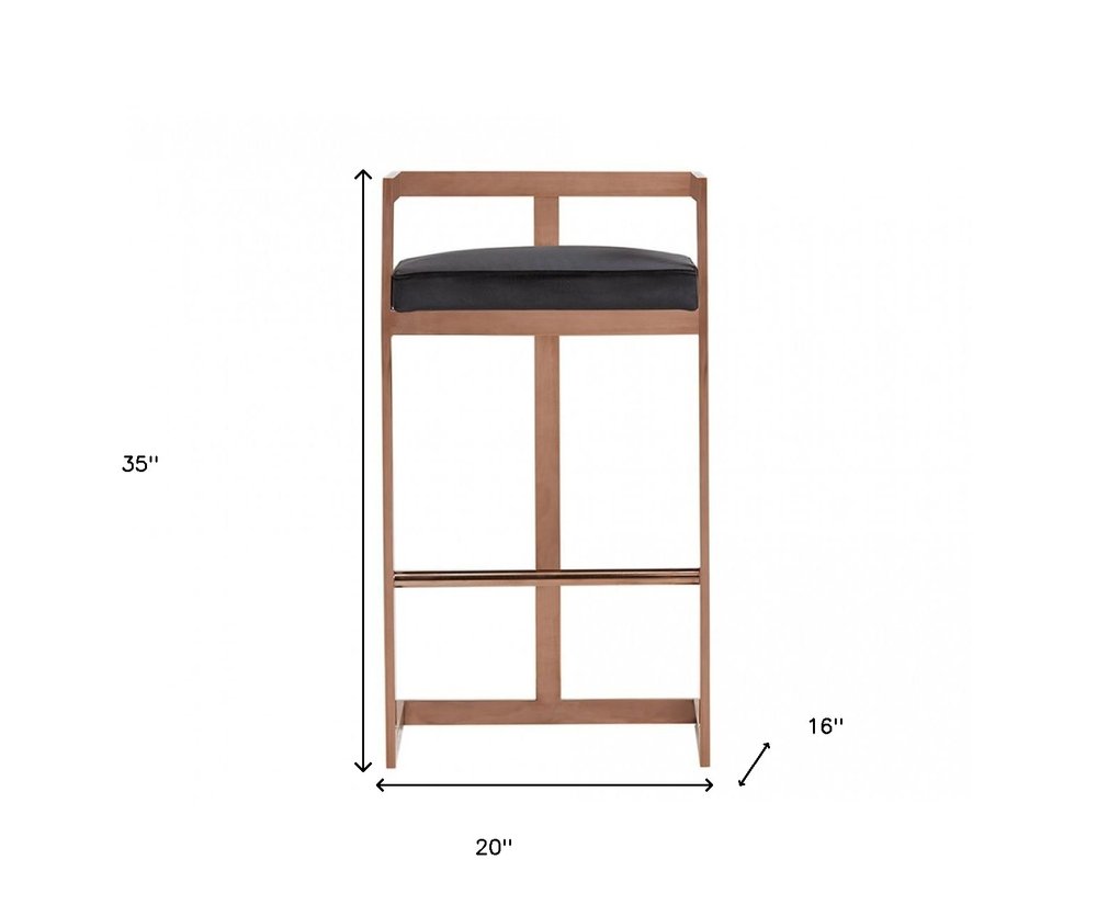30" Black And Rose Gold Velvet And Stainless Steel Low Back Bar Height Bar Chair