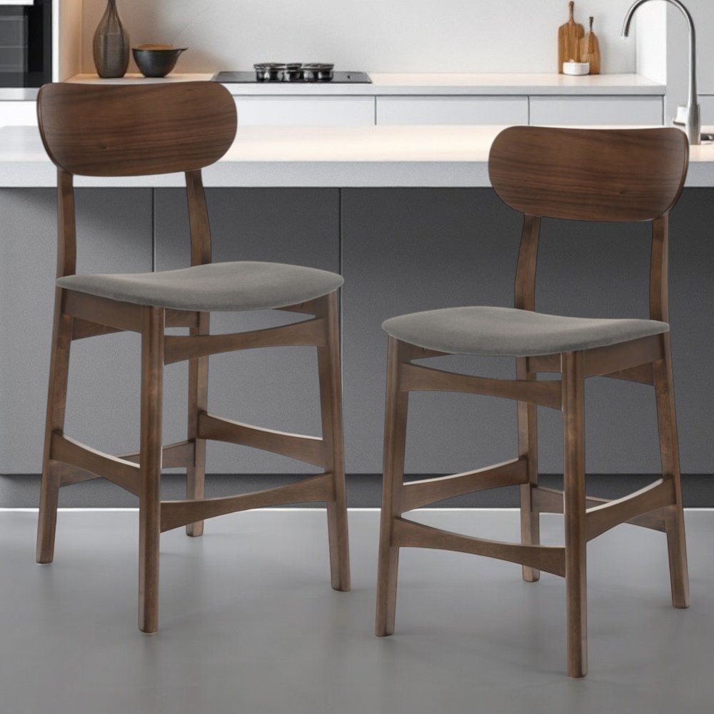 Set of Two 29" Gray And Brown Fabric And Solid Wood Low Back Bar Height Bar Chairs