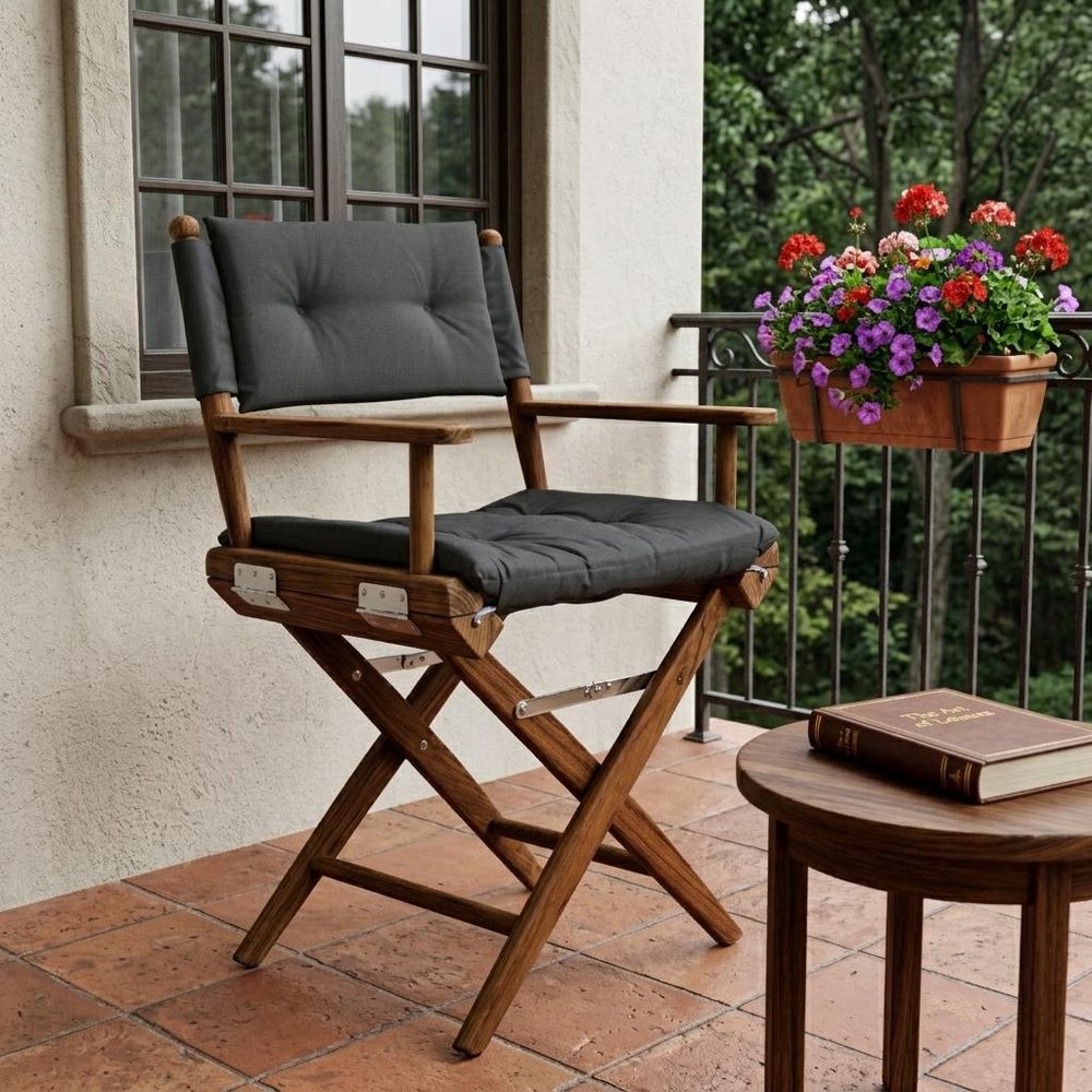 23" Black and Natural Wood Solid Wood Indoor Outdoor Director Chair with Black Cushion
