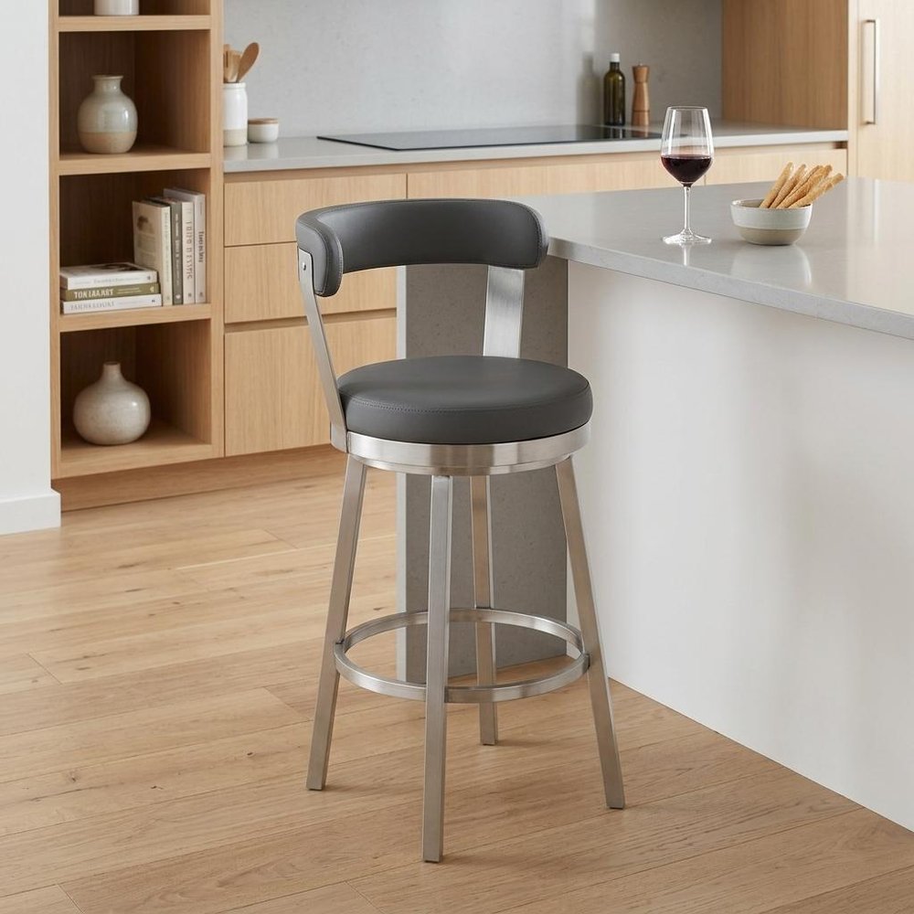 26" Gray And Silver Iron Swivel Backless Counter Height Bar Chair