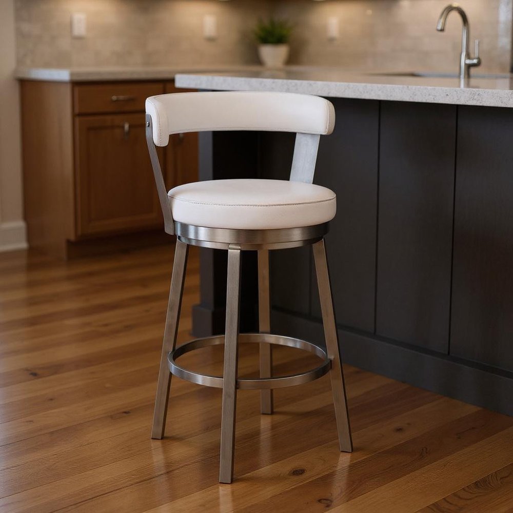 26" White And Silver Iron Swivel Backless Counter Height Bar Chair