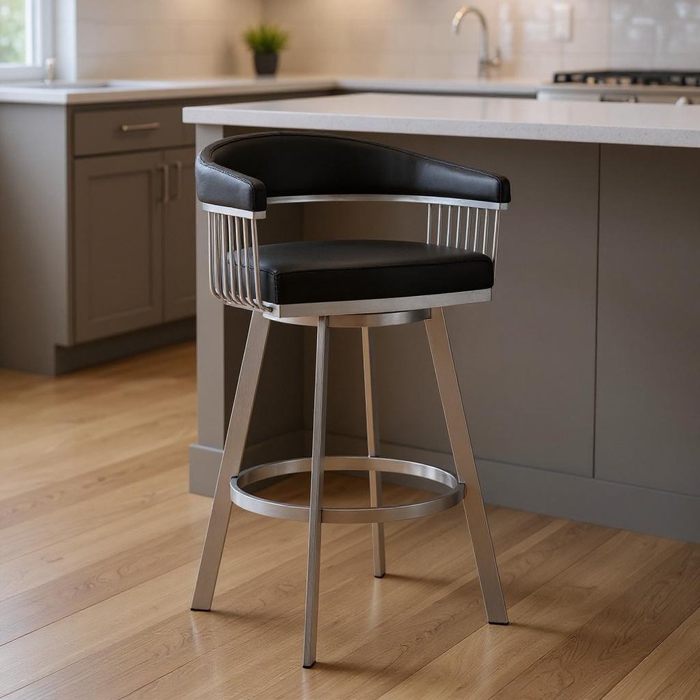 25" Black And Silver Iron Swivel Backless Counter Height Bar Chair