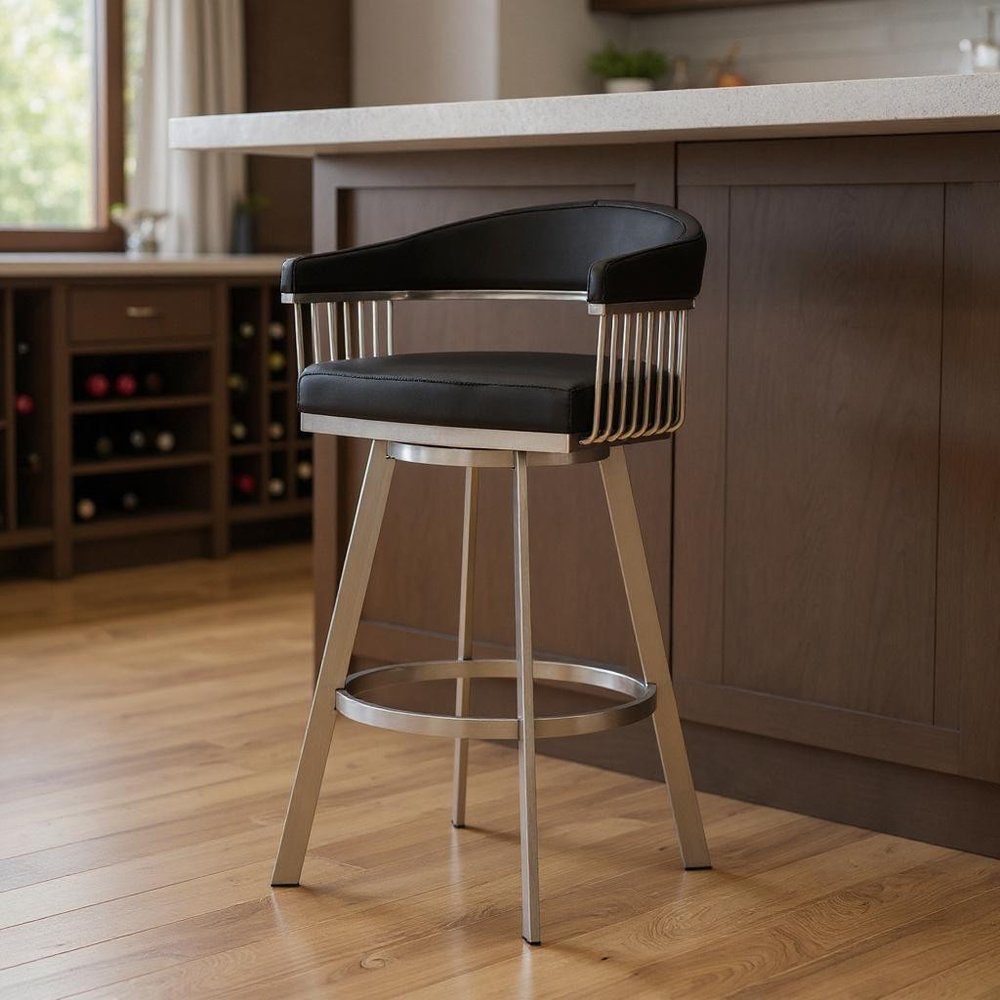 29" Black And Silver Iron Swivel Backless Bar Height Bar Chair