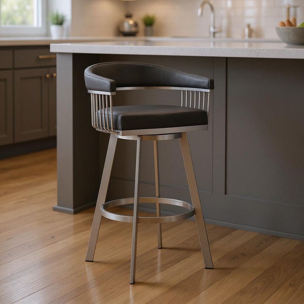 25" Gray And Silver Iron Swivel Backless Counter Height Bar Chair