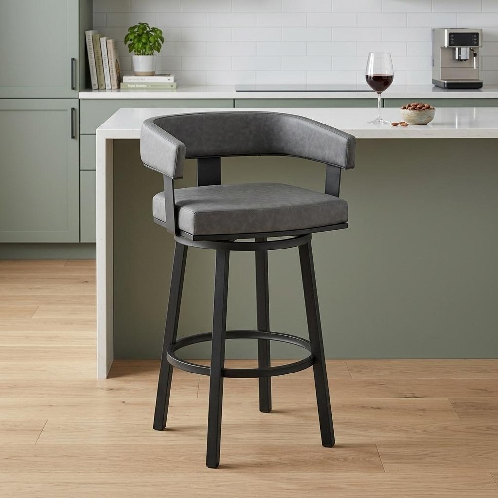 26" Gray And Black Faux Leather And Iron Swivel Low Back Counter Height Bar Chair