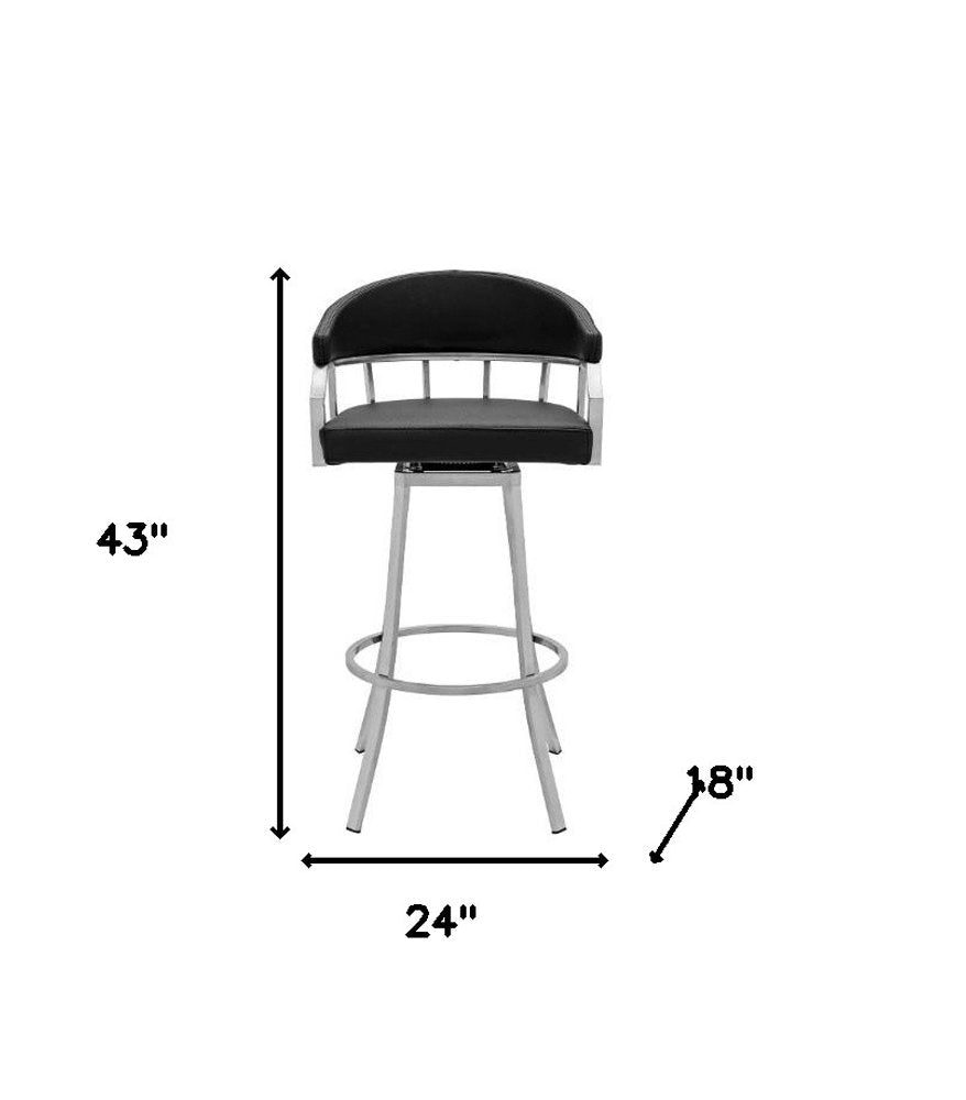 30" Black And Silver Faux Leather And Iron Low Back Bar Height Bar Chair