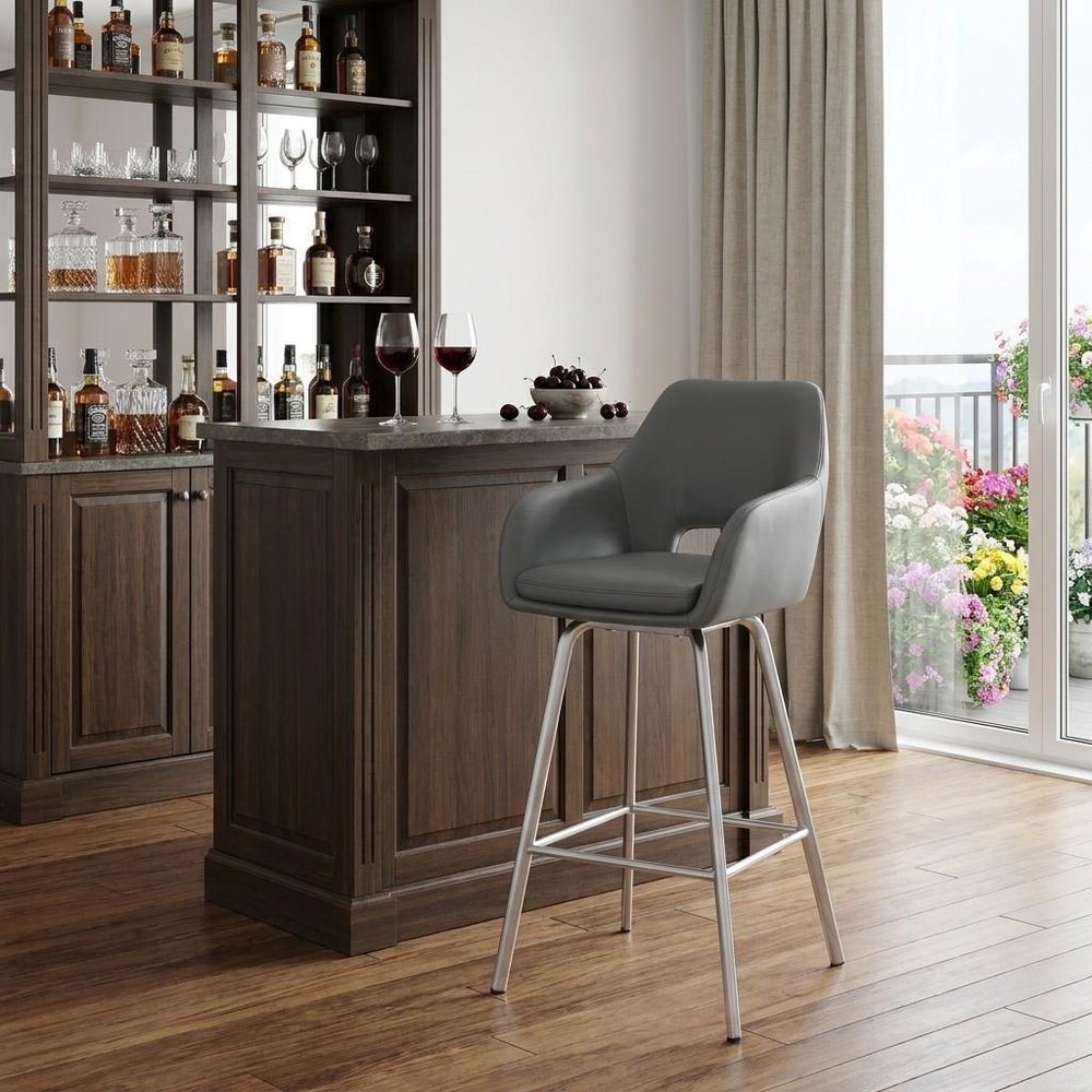 30" Gray And Silver Iron Swivel Low Back Bar Height Bar Chair