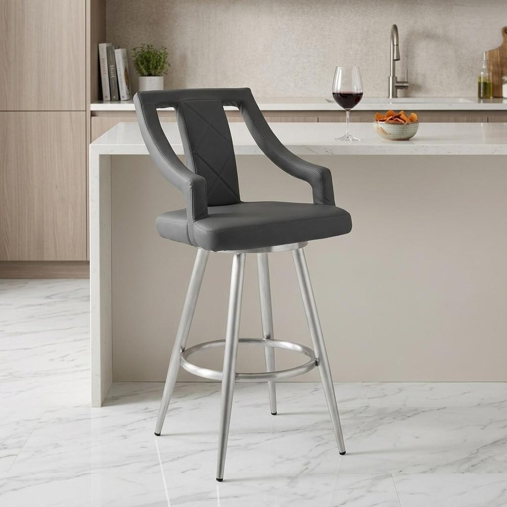 25" Gray and Silver Faux Leather and Iron Counter Height Swivel Bar Chair