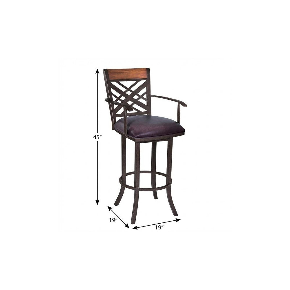 30" Brown Faux Leather And Iron Bar Height Bar Chair