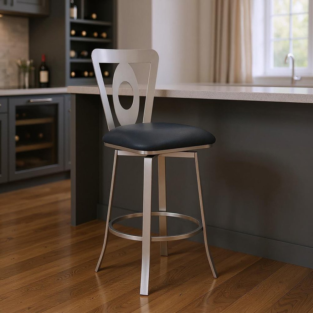 30" Gray And Silver Faux Leather And Fabric And Iron Bar Height Swivel Bar Chair
