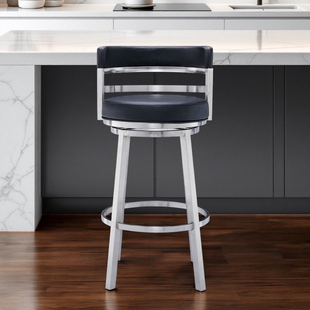 30" Black And Silver Faux Leather And Iron Swivel Low Back Bar Height Bar Chair