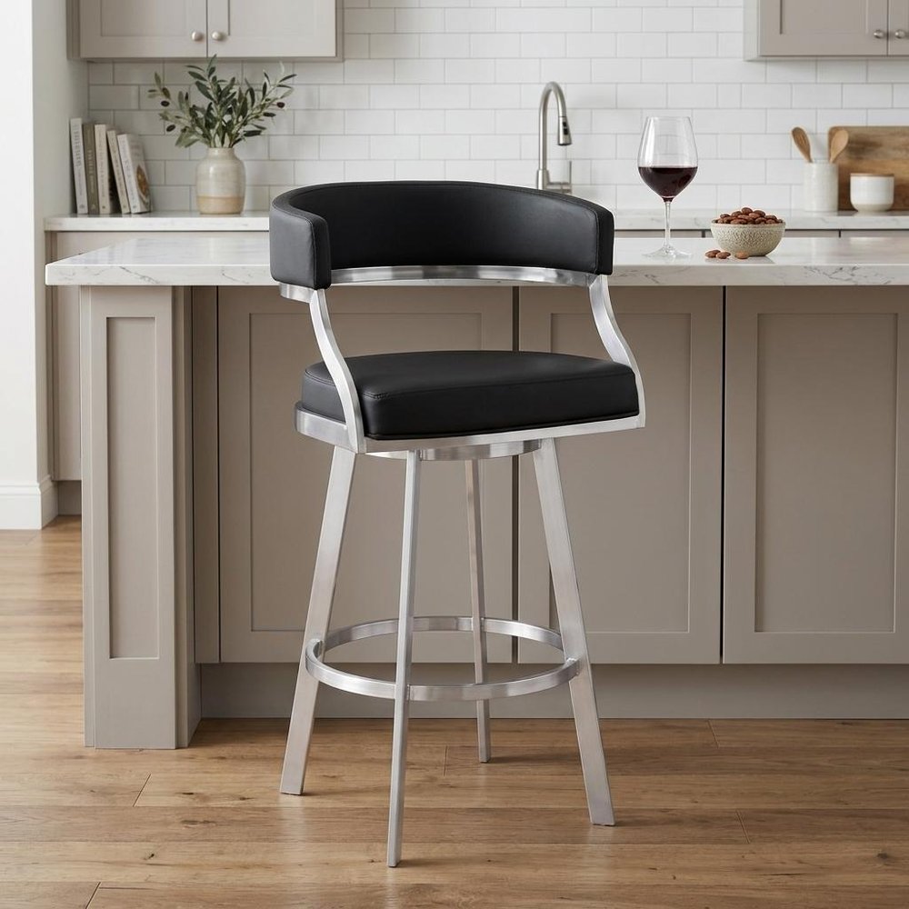 26" Black And Silver Faux Leather And Faux Leather And Iron Low Back Counter Height Swivel Bar Chair