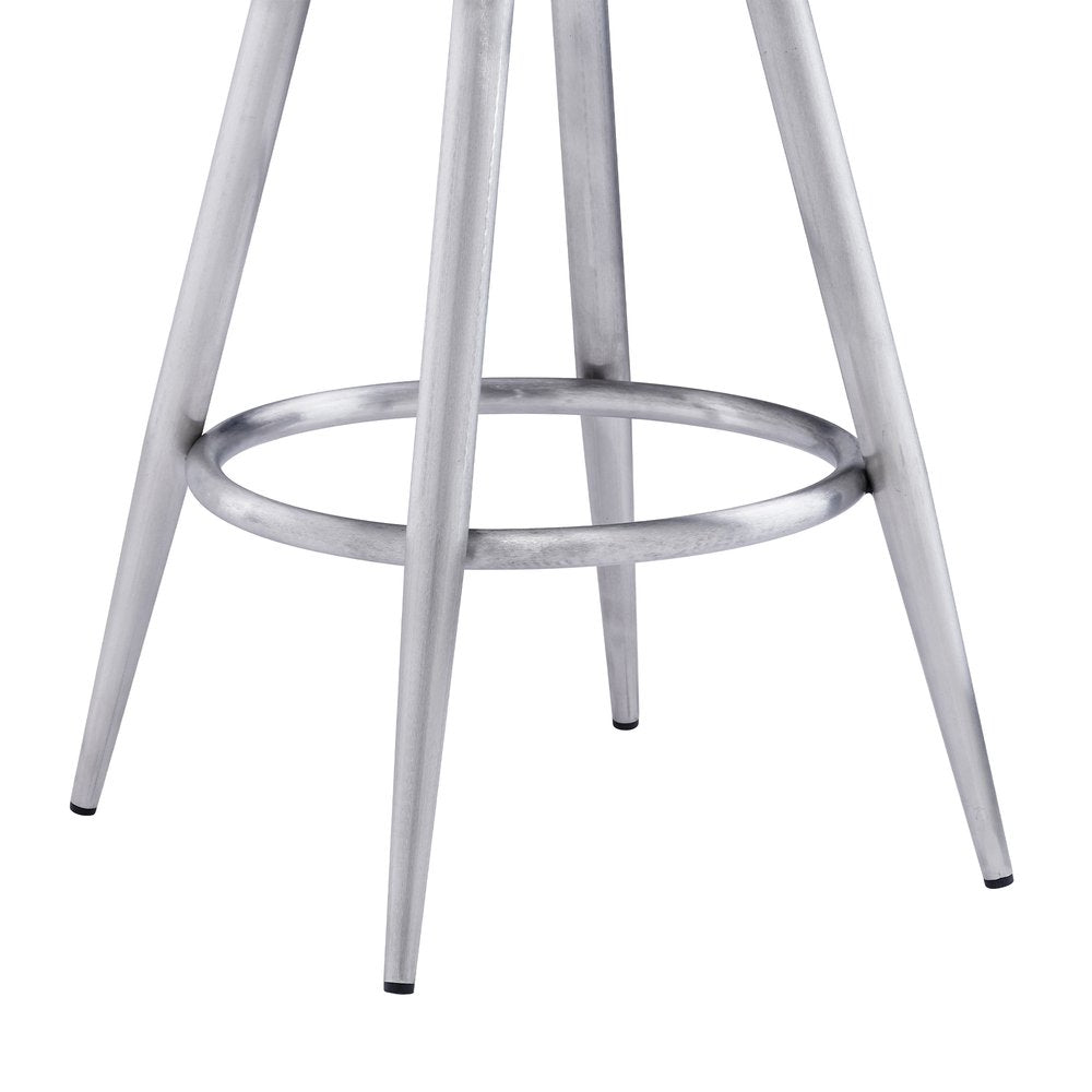 26" Gray And Silver Faux Leather And Iron Swivel Counter Height Bar Chair