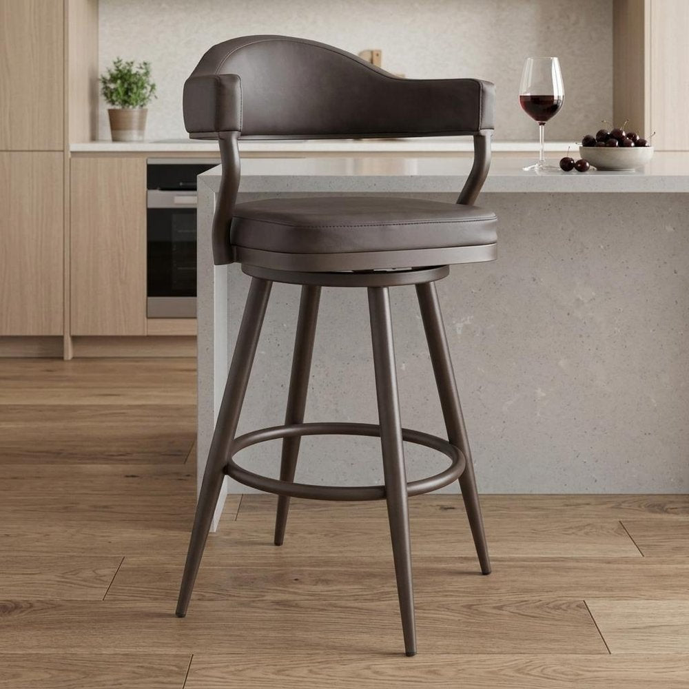 26" Brown Faux Leather and Iron Counter Height Swivel Bar Chair