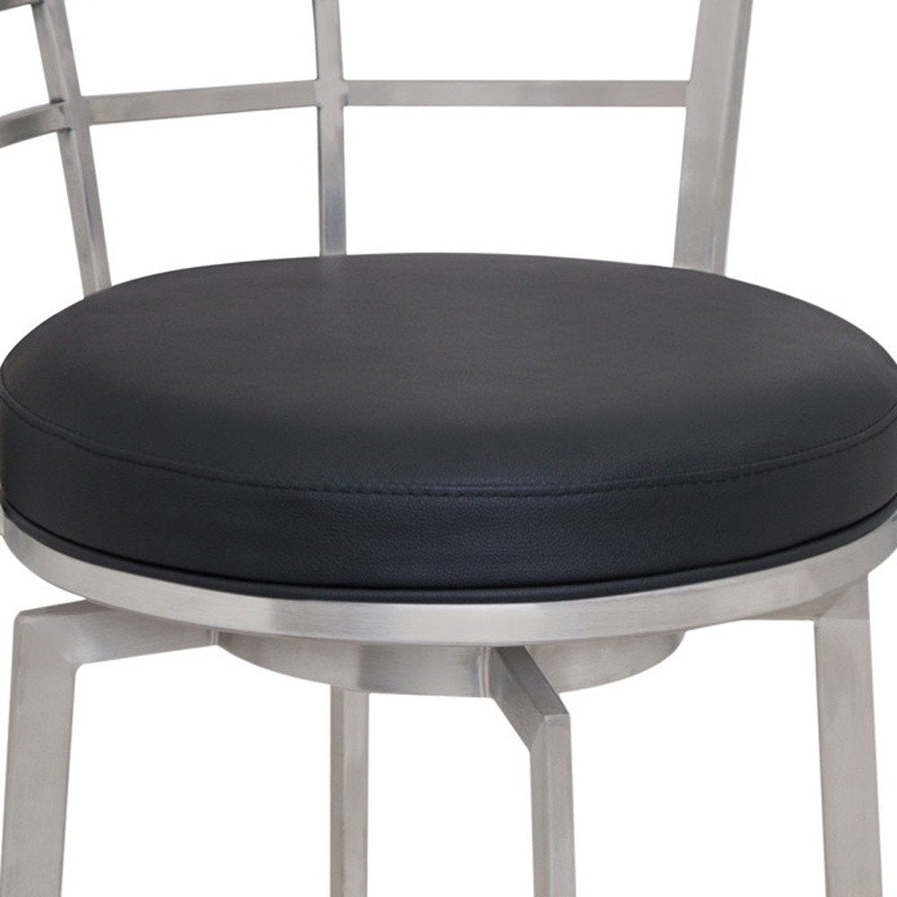 30" Black And Silver Faux Leather And Iron Swivel Low Back Bar Height Bar Chair