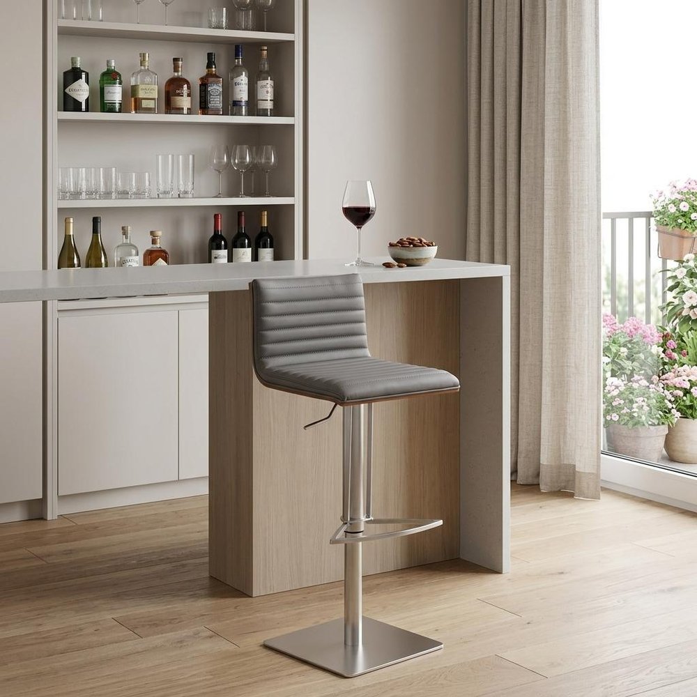 22" Gray And Silver Iron Swivel Low Back Adjustable Height Bar Chair