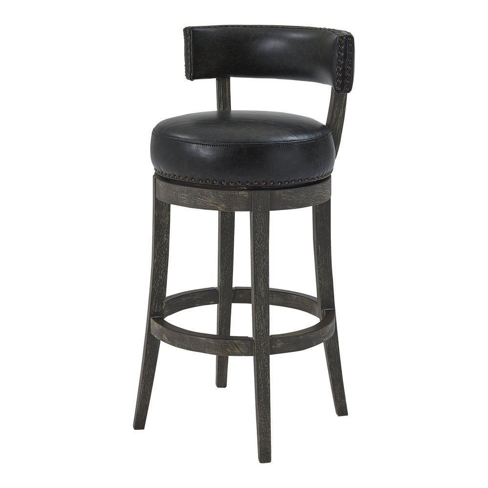 31" Onyx and Gray Faux Leather and Solid Wood Low Back Bar Height Swivel Bar Chair