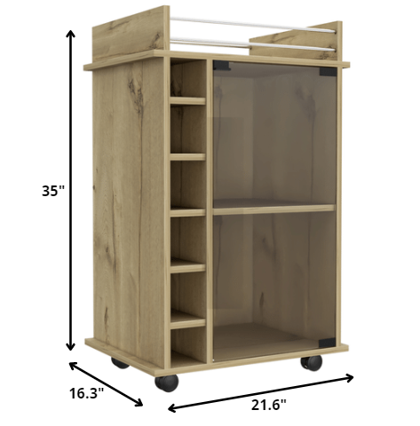 22" Brown Wood Rolling Bar Cart With Wine Storage